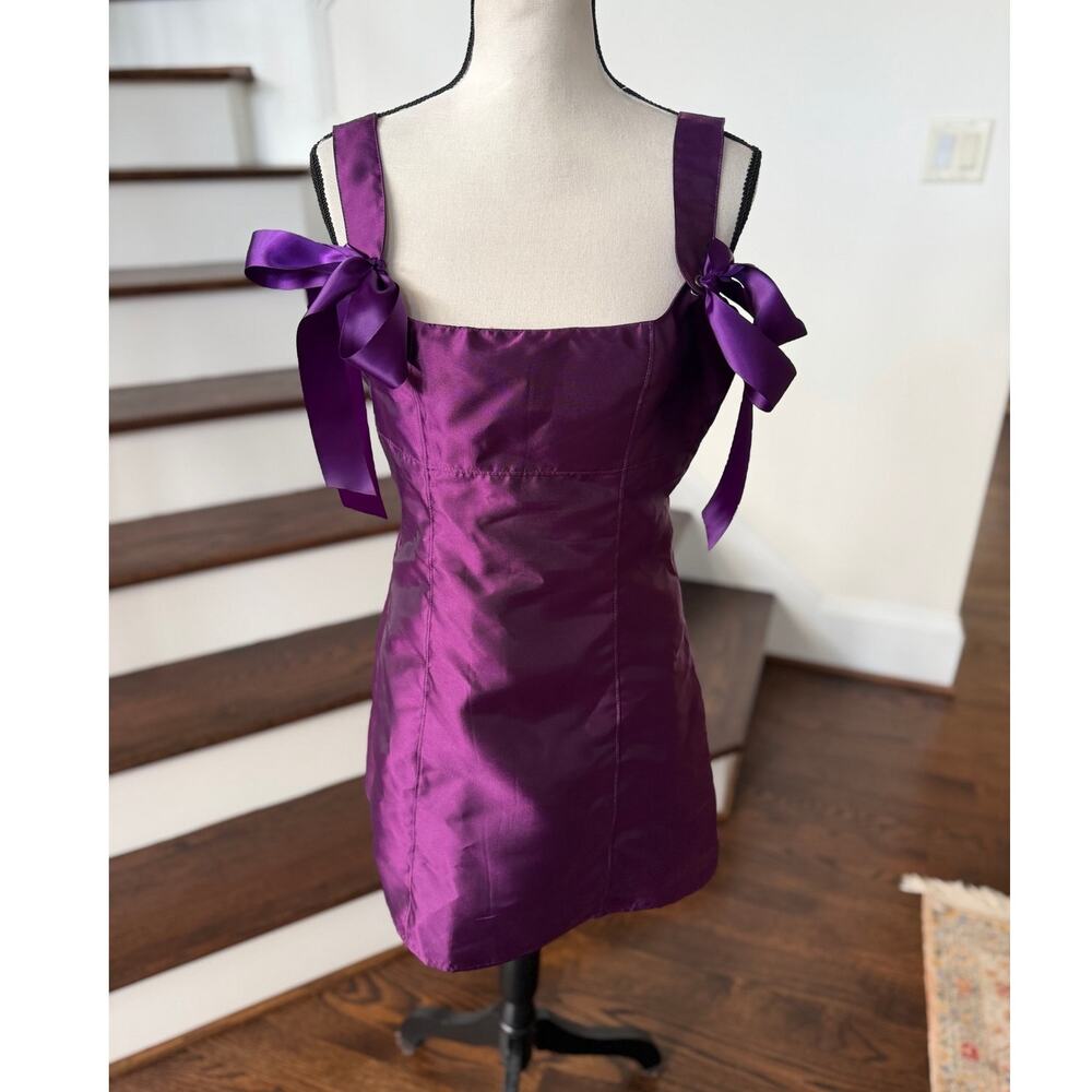 Current Mood Dolls Kill Purple Satin Square Neck Bow Mini Sheath Dress Witchy